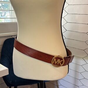Michael Kors Tan Leather Belt with Gold MK Buckle